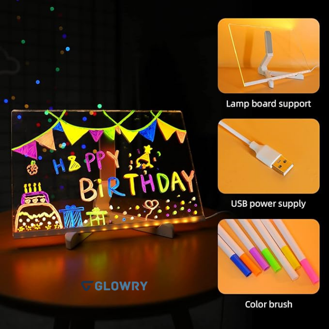 Glowry Rechargeable Doodle Glow LED Note Board, 7-Color Light Modes, Neon Art Dry Erase Light Up Drawing Pad With Built-in Stand.